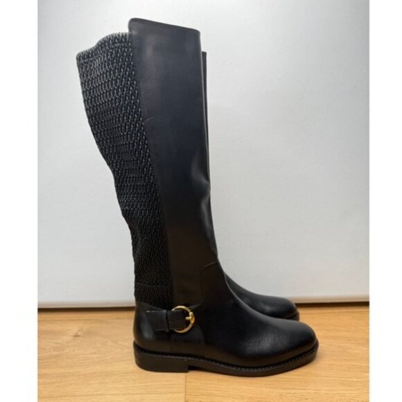 Cole Haan Clover Black Leather Stretch Tall Riding Boots Gold Buckle Sz 8B NWT - Picture 3 of 6